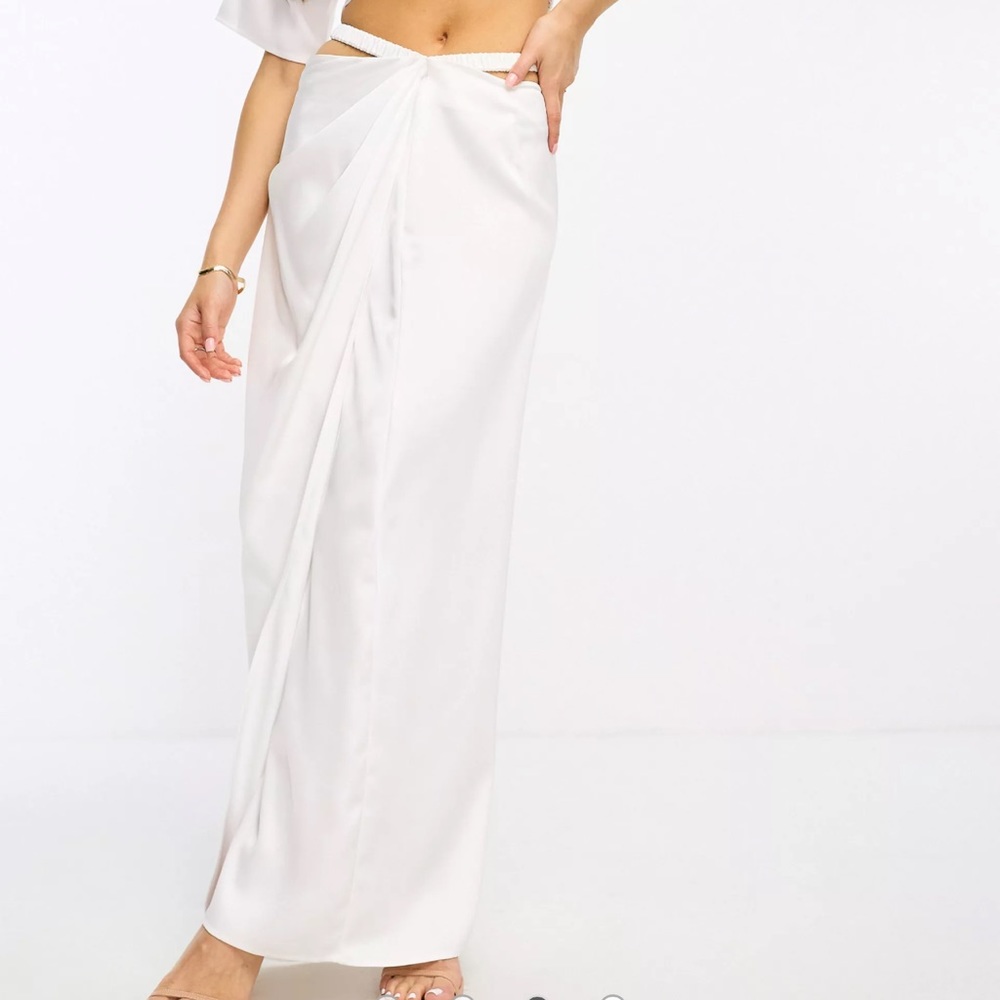 ruched waist wrap detail satin maxi skirt in cream - part of a set